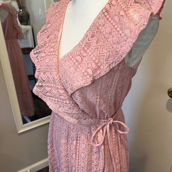Aqua Pink Lace Hi Low Faux Wrap Dress, Size Small - Picture 8 of 16